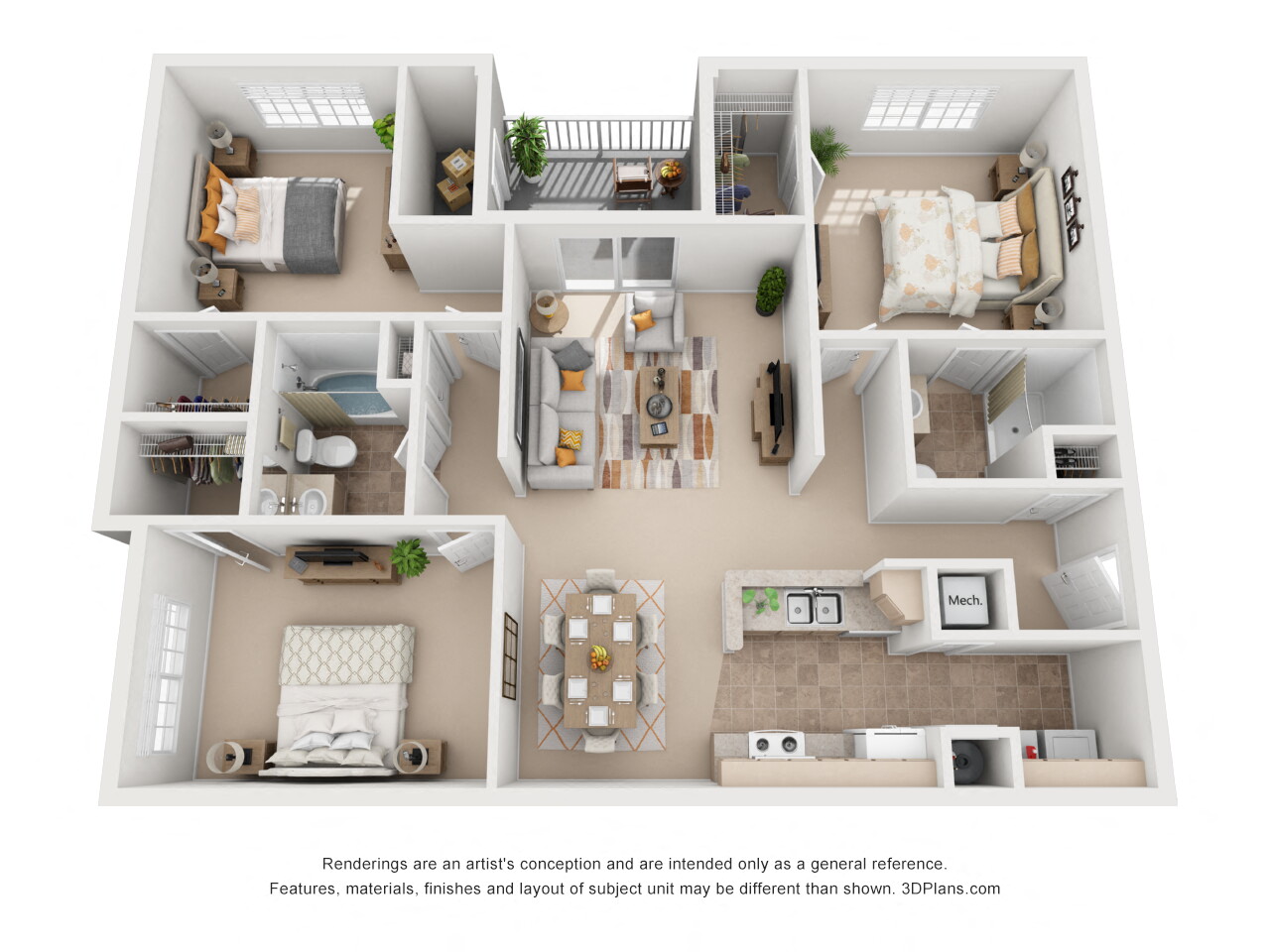 Floor plan for 3 beds, 2 baths, 1326 sqft